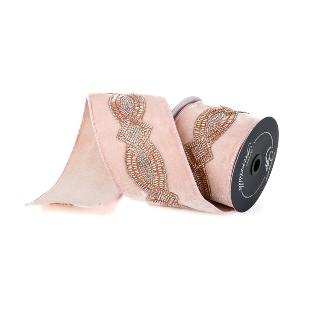 Pink rose ribbon with diamond deco pattern and a wired edge.