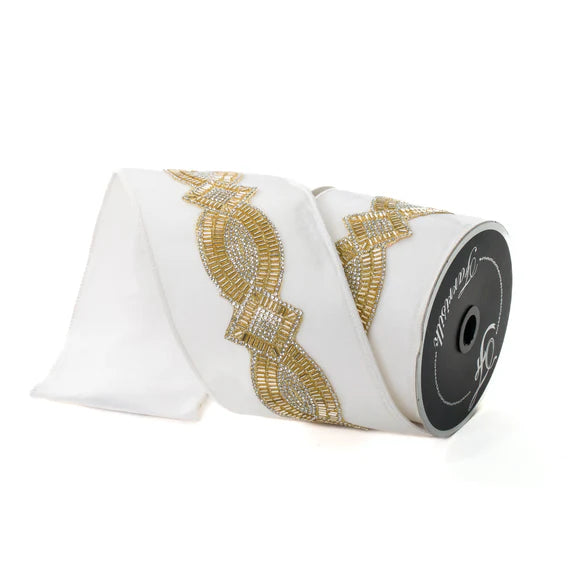 Ivory and gold diamond deco ribbon, shown as a roll.