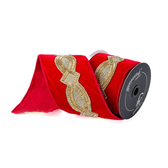 4"x5Y Red Gold Diamond Deco Ribbon