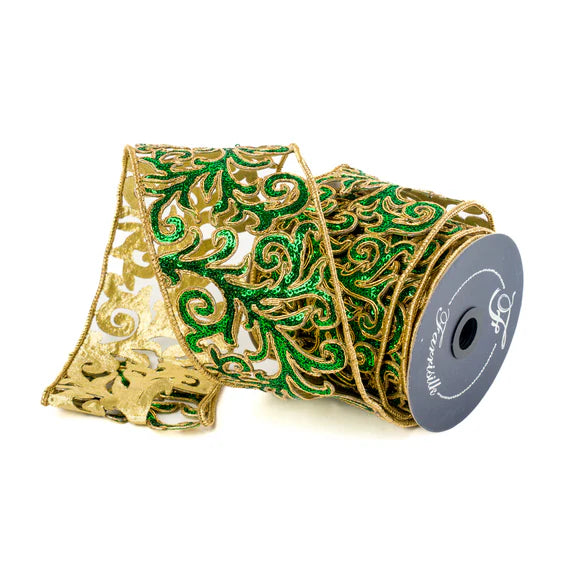 Emerald sequin acanthus ribbon with a rich pattern.