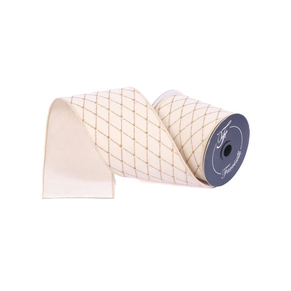 Ivory velvet harlequin ribbon with a diamond pattern.