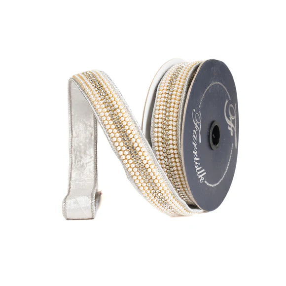 1"x5Y Silver Pearls & Gems Ribbon