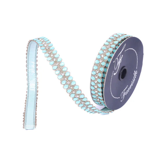 Blue pendeloque ribbon with hanging beaded drops.