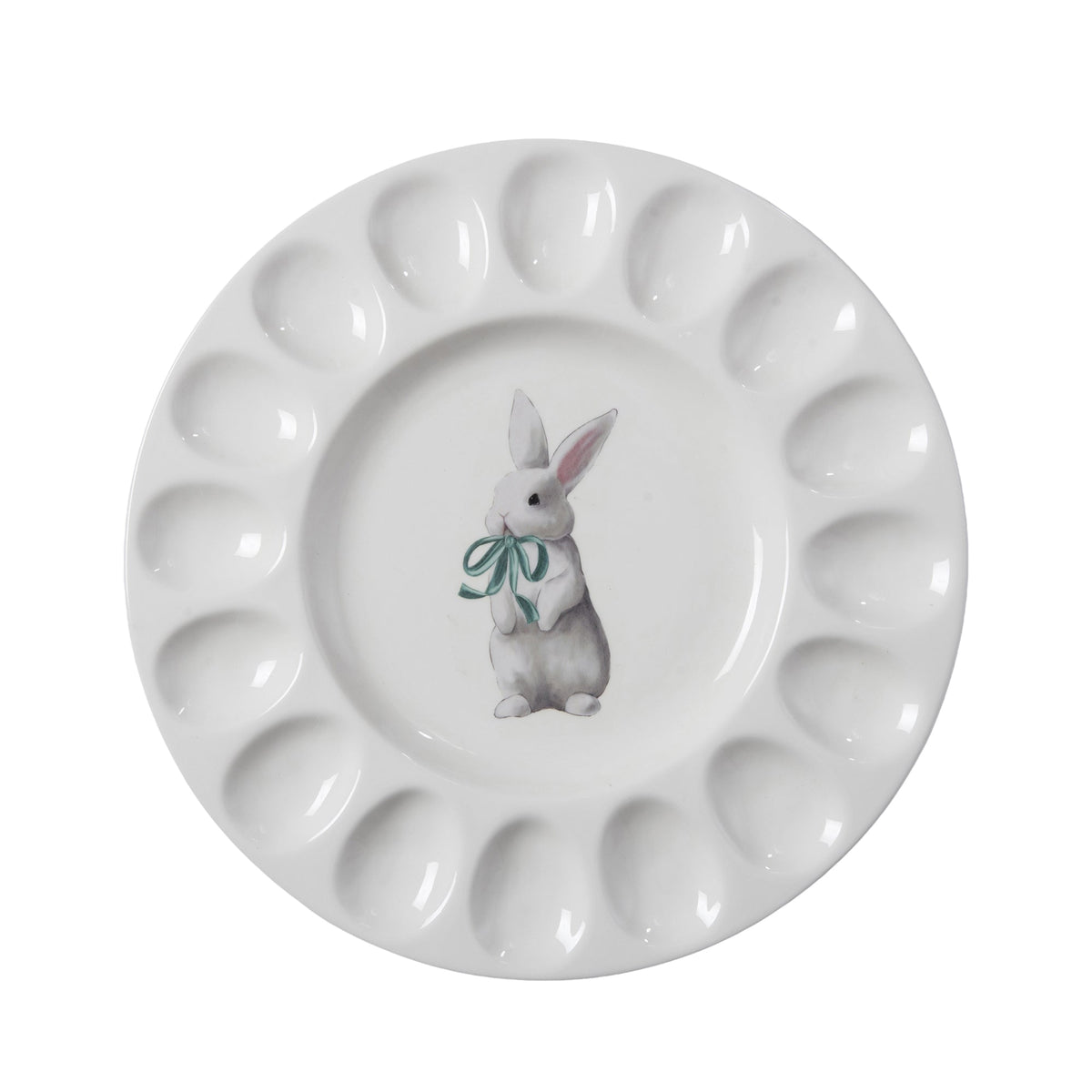 White egg serving plate with a bunny illustration.