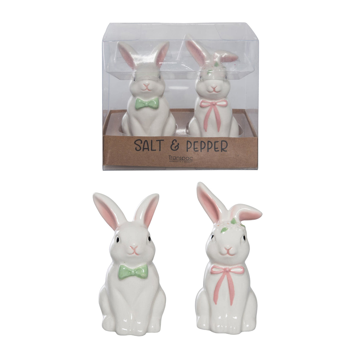 Salt and pepper bunny figurines with a storybook finish.