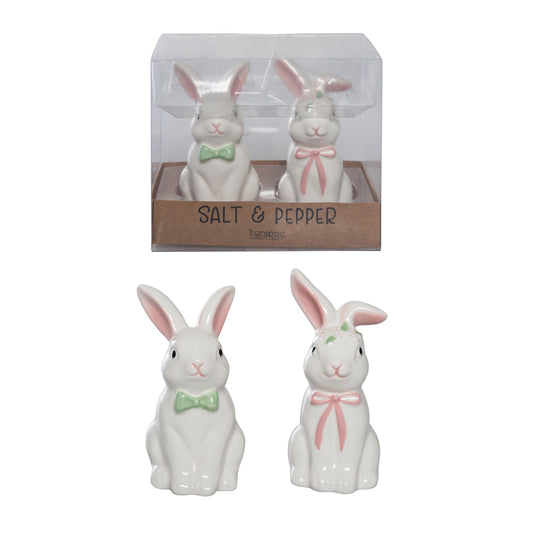 Salt and pepper bunny figurines with a storybook finish.