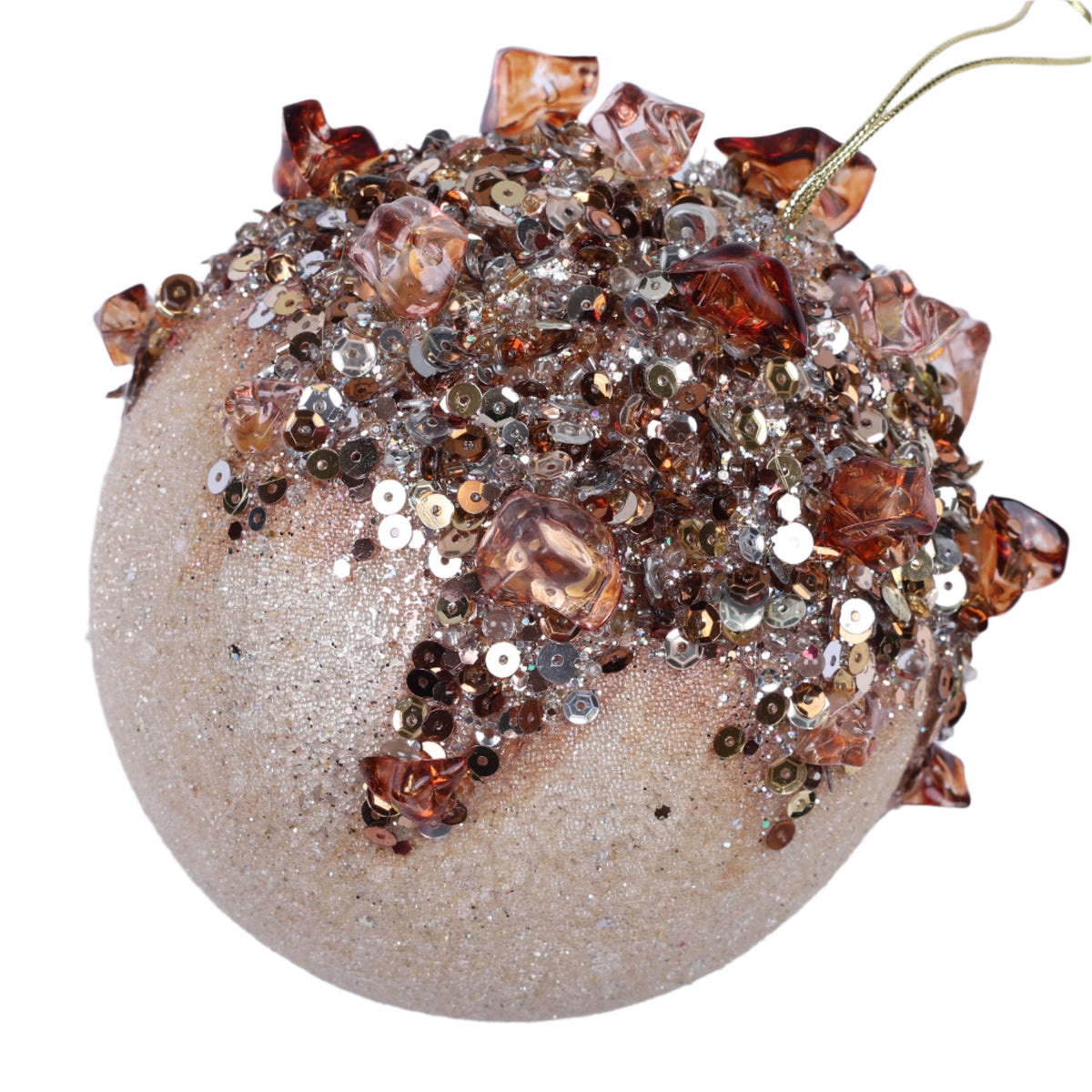 Cappuccino and ivory sugar crystal ball ornament with a sugared finish.