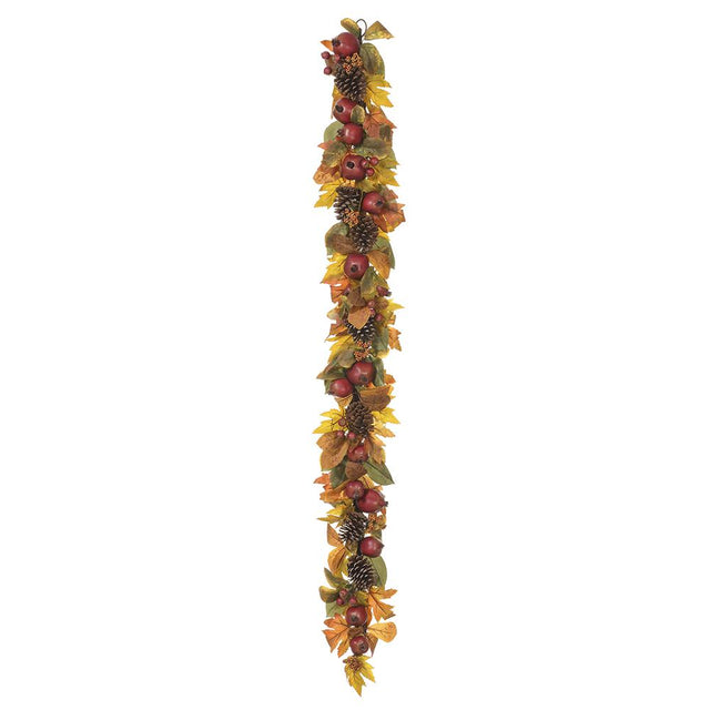 Burgundy and green pomegranate berry pinecone garland with autumn fruit.