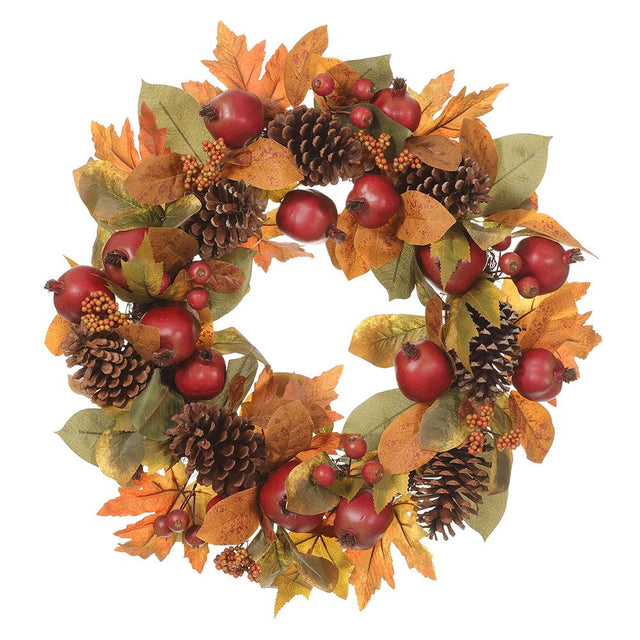 Burgundy and green pomegranate berry pinecone wreath with autumn fruit.