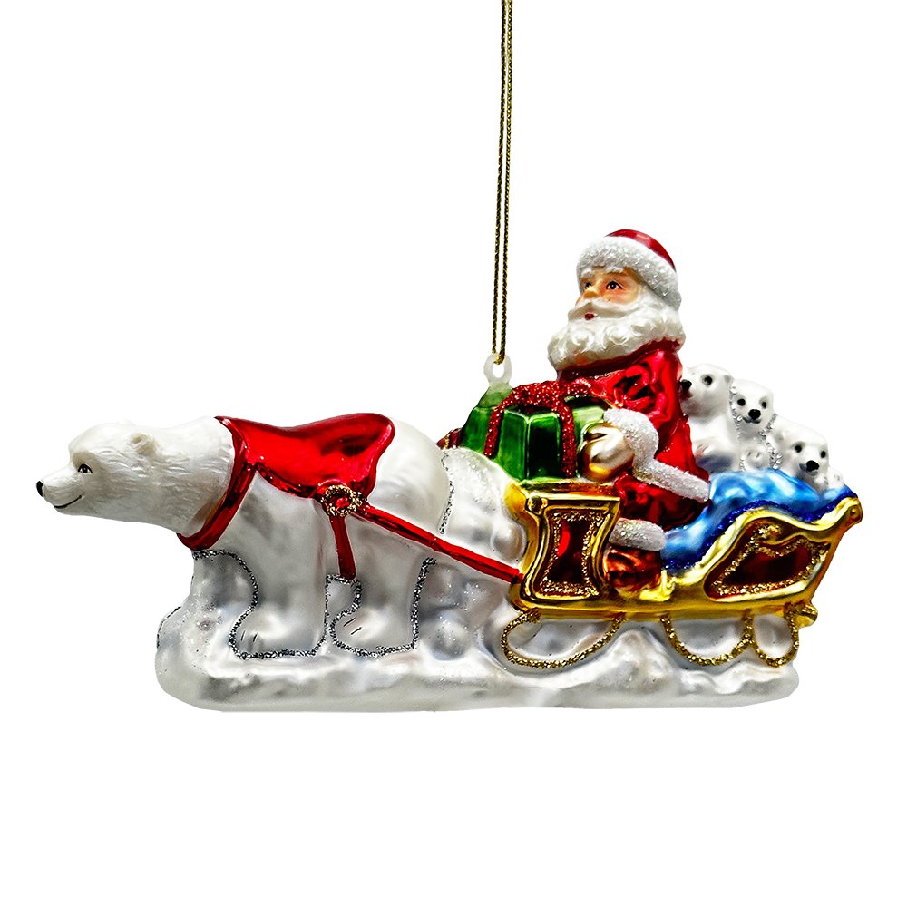 White glass polar bear sleigh ornament with Santa, gifts and polar bear cubs.