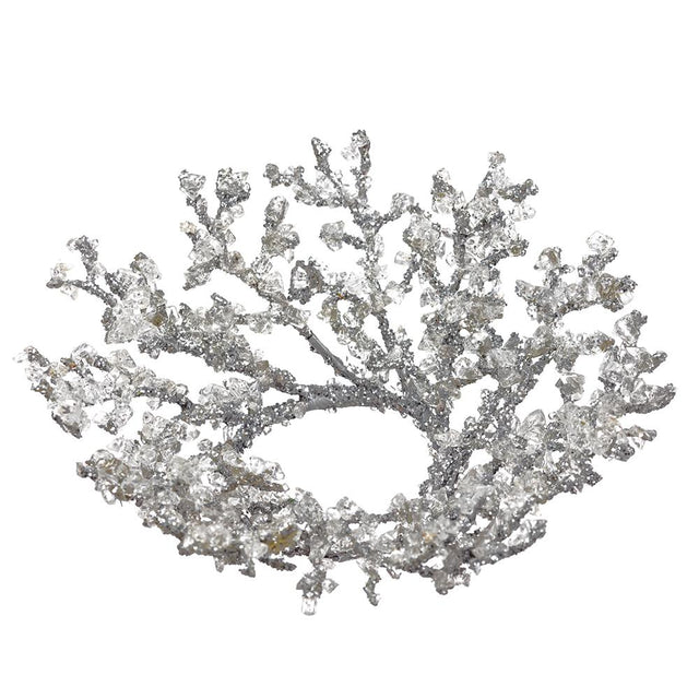 Silver iced wreath with a frosted finish.