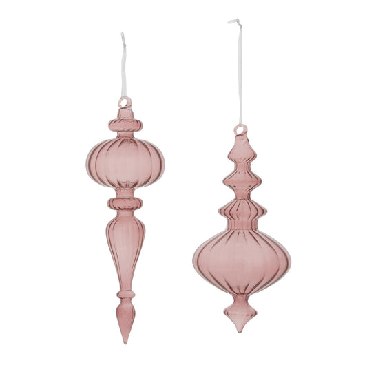 Pink swirl finial glass ornament with an elongated form.