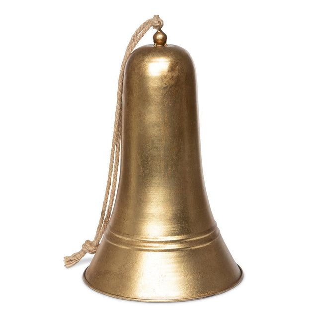 Antique gold metal carillon bell with an aged finish, shown at fifteen inches.