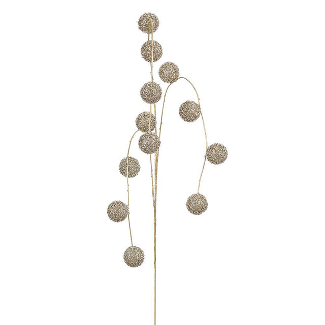 Gold glitter ball hanging spray with clustered balls.