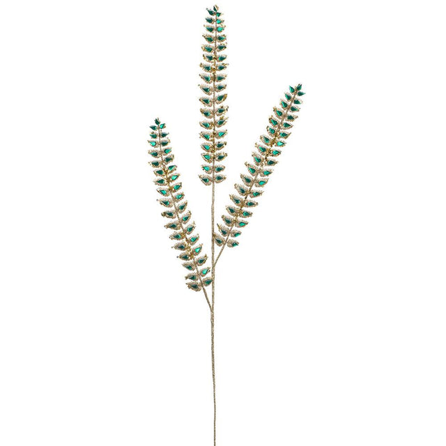 Green gem leaf spray with glittered gold accents.
