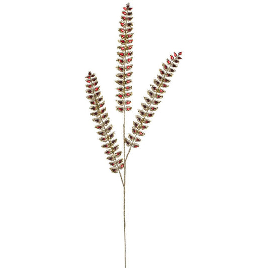 35" Red Gem Leaf Spray Glittered Gold