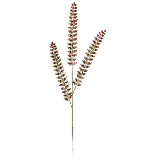 Red gem leaf spray with glittered gold leaves.