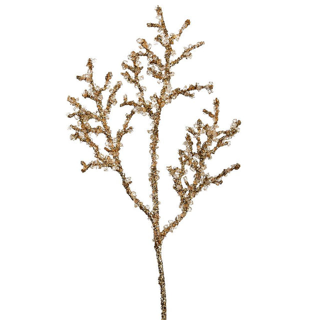 Gold iced glitter twig spray with a frosted finish.