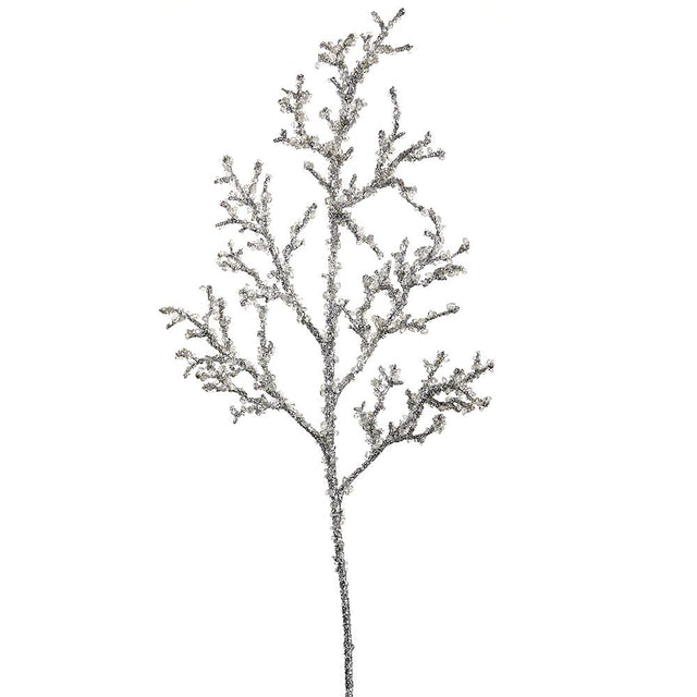 Silver iced spray with frosted branches.