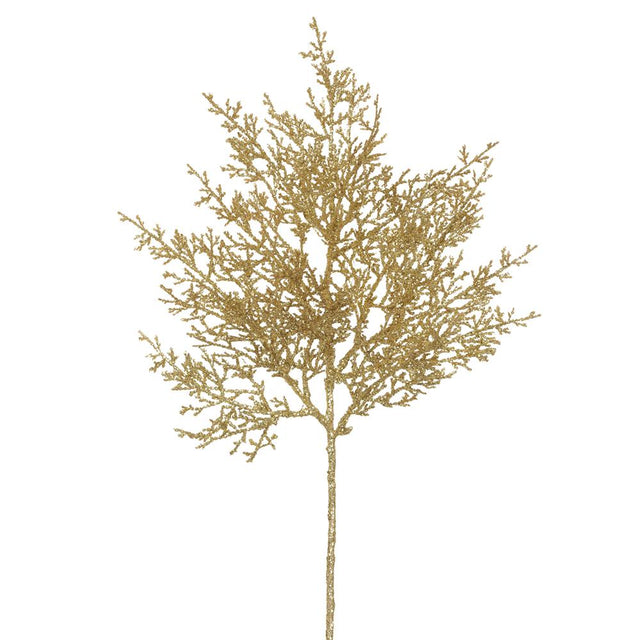 Gold glitter pine spray with green needles.