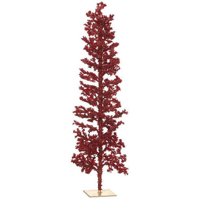 Red beaded decorative tree with all-over red beading on a tabletop tree form.