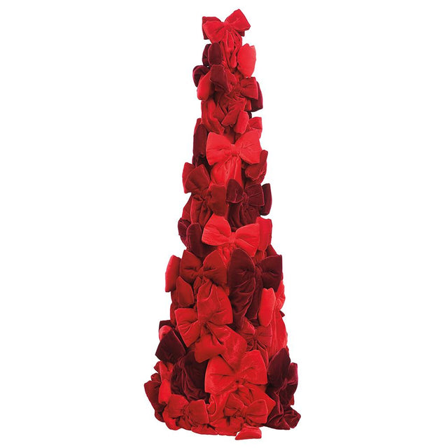 Red velvet bow topiary with a sculpted silhouette.
