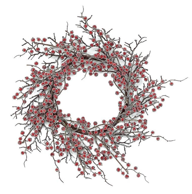 Red berry wreath with snow flocking.