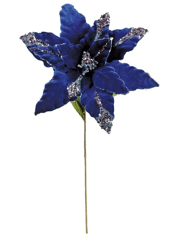 Midnight blue velvet sequin poinsettia stem with dramatic petals.