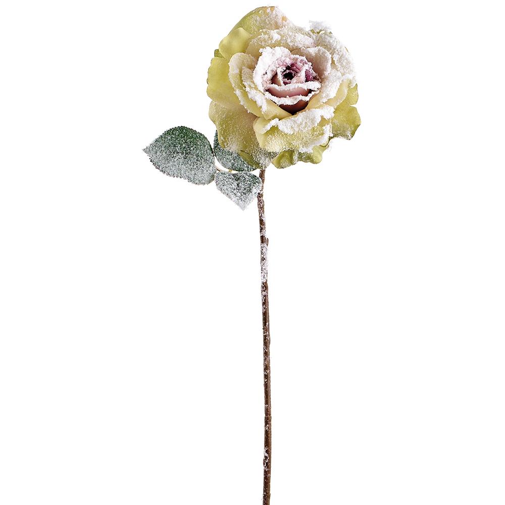 Green snowed spray with lavender roses dusted with a snowed finish.