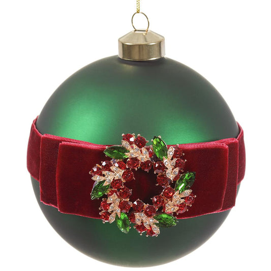 5" Jewel Bow Glass Ball Ornament Green Burgundy