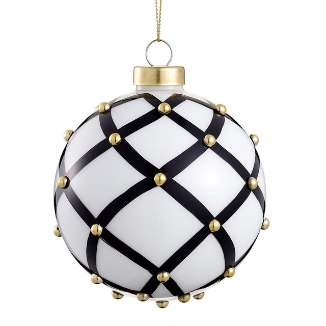 White black glass ball ornament with black & white beaded glass ball detail.