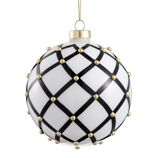 5" Black White Gold Beaded Glass Ball Ornament