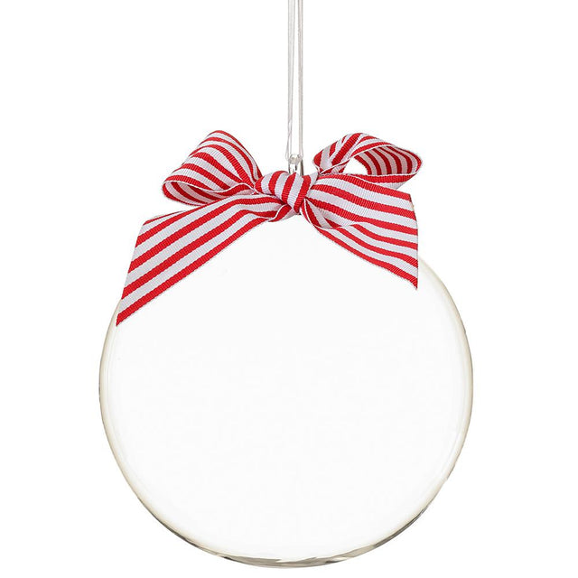 Clear bow glass ball ornament in red and white.