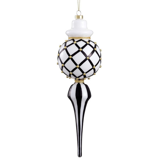 13" Finial Glass Black White Gold Beaded