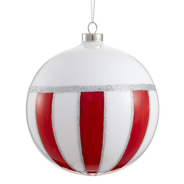 White and red glittered striped glass ball ornament.