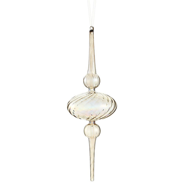 Grey iridescent glass finial ornament with an elongated form.