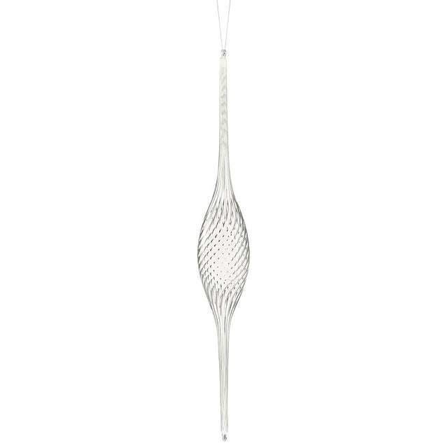 Clear glass finial ornament with an elongated icy form.