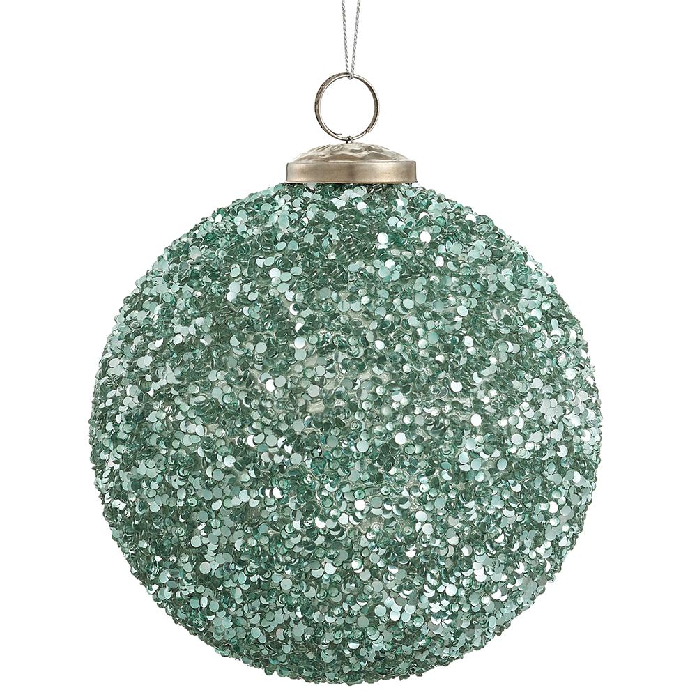 5.5" Beaded Glass Ball Ornament Green Silver