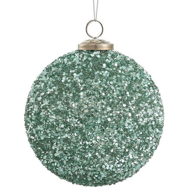 Green silver glass ball ornament with beaded glass green silver detail.