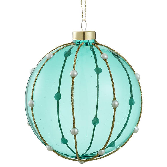 Pearl glass ball ornament with teal and gold tones.