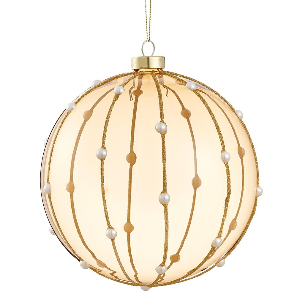 6" Pearl Glass Ball Glittered Ornament Tan Gold