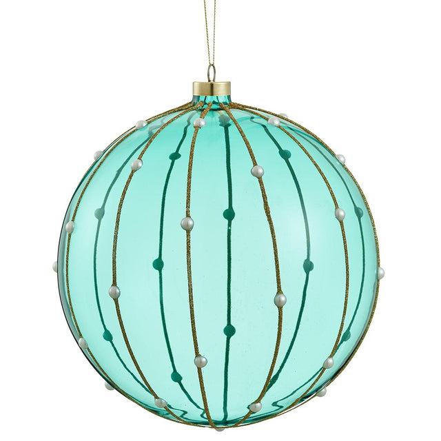 Pearl glass ball ornament glittered in teal and gold.