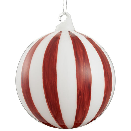 5" White Red Stripes Glass Ball Ornament