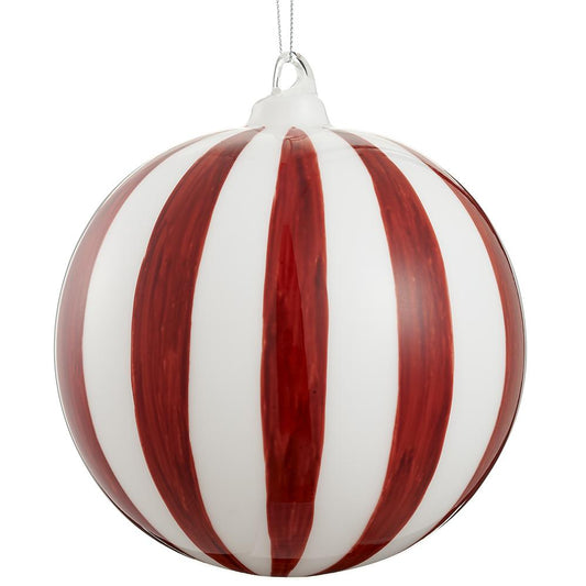 6" Red White Stripes Glass Ball Ornament