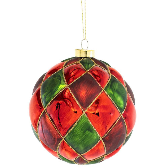 Red and green traditional glass ball ornament.