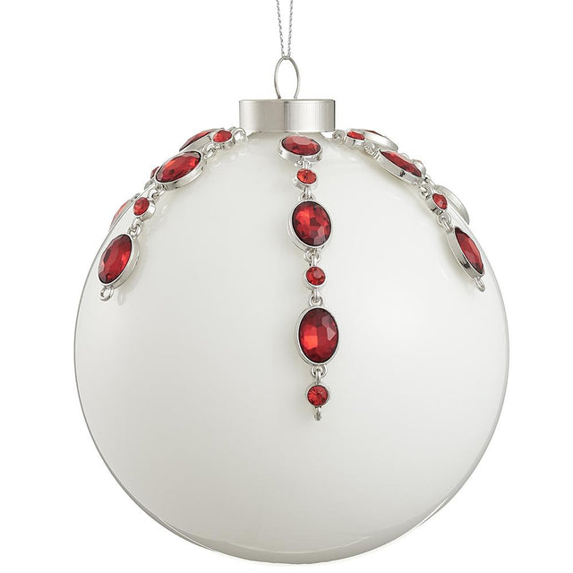 White red rhinestone glass ball ornament with jeweled detail.