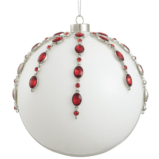 6" White Red Rhinestone Glass Ball Ornament