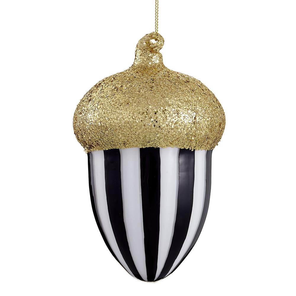 5" Glass Acorn Black & White Gold Glitter Ornament