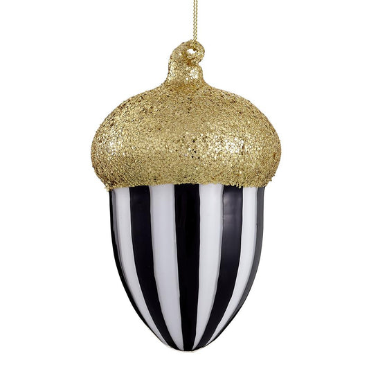 5" Glass Acorn Black & White Gold Glitter Ornament
