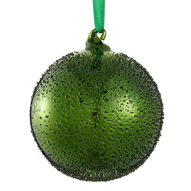 Green beaded glass ball ornament with a jeweled surface.